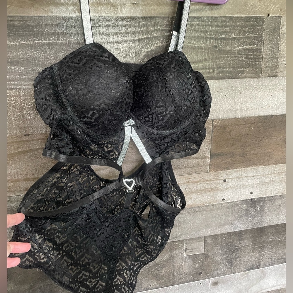 Ladies black lace teddy with heart accent